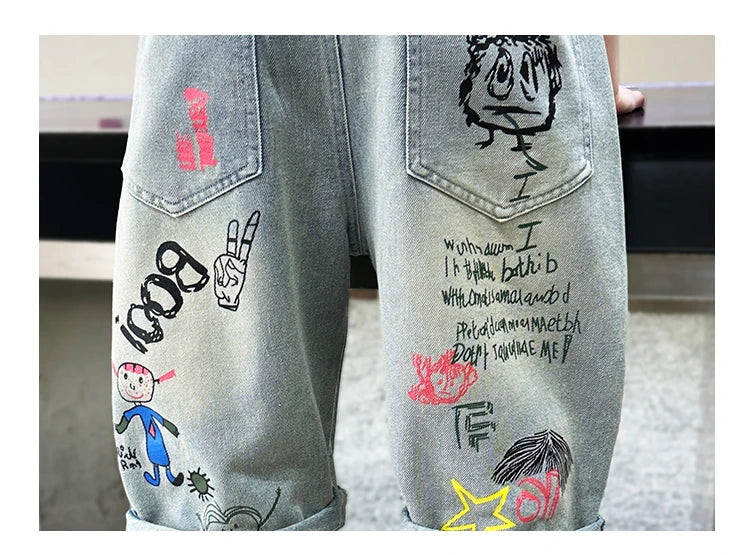 Boys Graffiti Drawing Denim Shorts Casual Ripped
