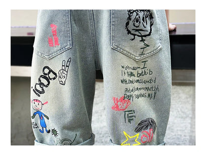 Boys Graffiti Drawing Denim Shorts Casual Ripped