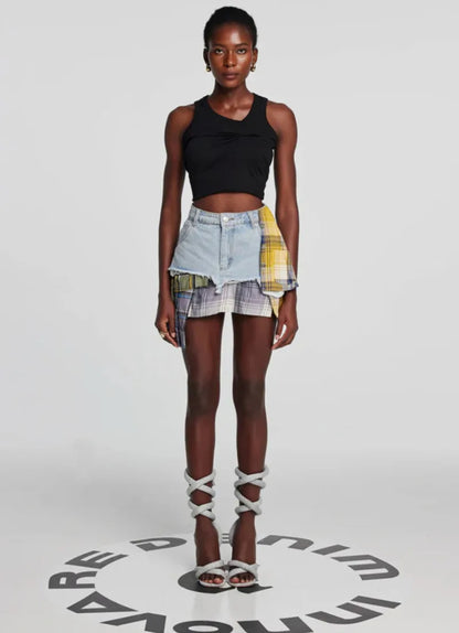 American Retro Streetwear Plaid Patchwork Skirt