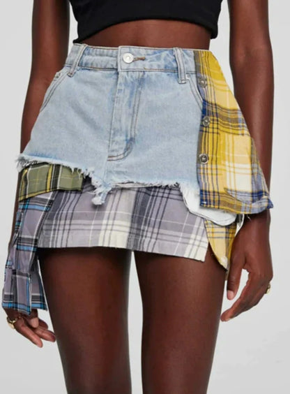 American Retro Streetwear Plaid Patchwork Skirt