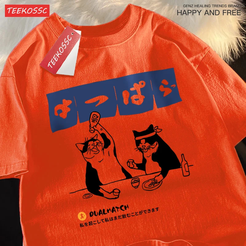 Harajuku Japanese Cat Drinking Graphic Tee