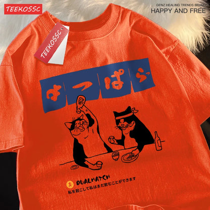 Harajuku Japanese Cat Drinking Graphic Tee