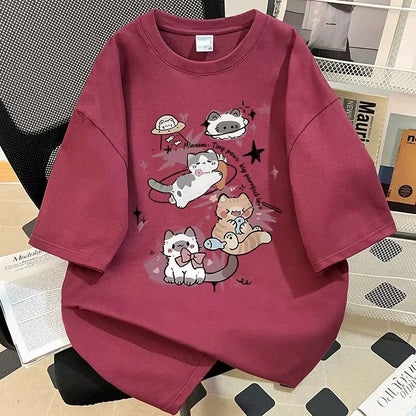 Y2K Style Anime Cat Print Tee