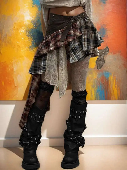 Fashion Patchwork Plaid High Waist Skirts
