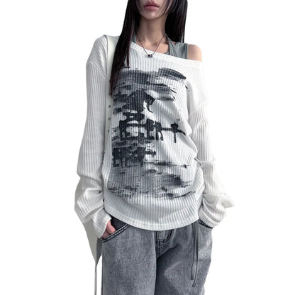 Vintage Streetwear Grunge Skew Collar Tops