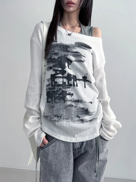 Vintage Streetwear Grunge Skew Collar Tops
