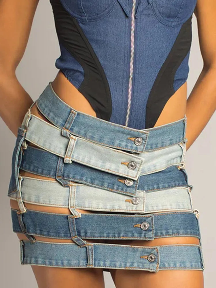 Denim Skirts High Waist Patchwork Buttons