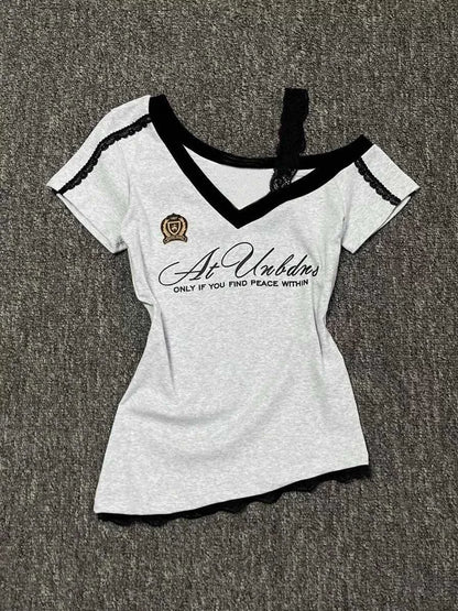 Waist Splicing Lace Strap Short Sleeve T-Shirt