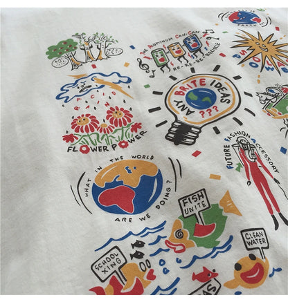 Loose Summer Cartoon Graphic Cotton Shirt