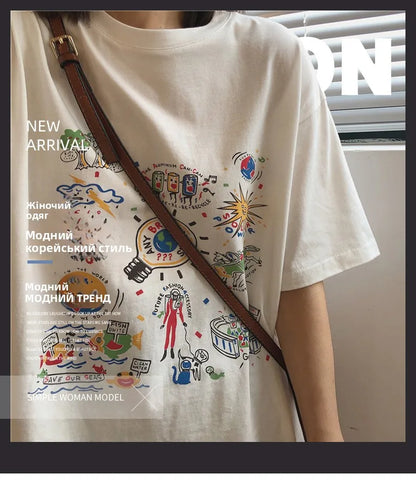 Loose Summer Cartoon Graphic Cotton Shirt