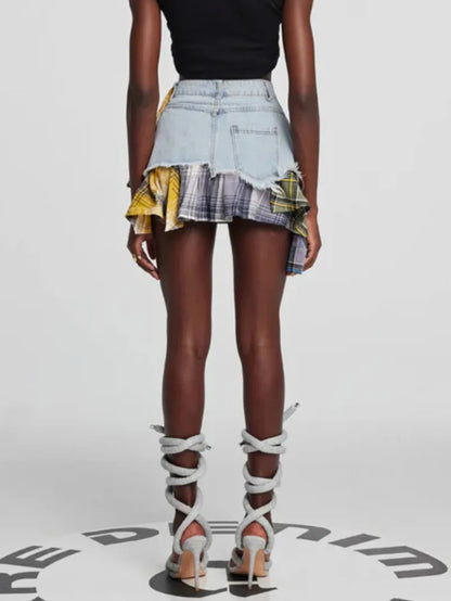 American Retro Streetwear Plaid Patchwork Skirt