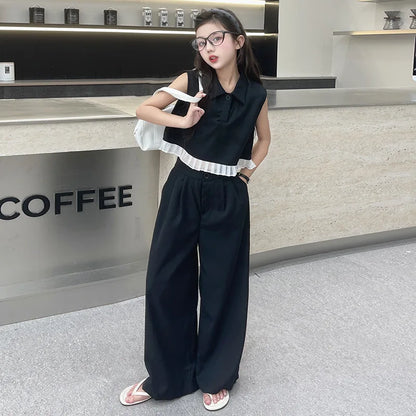 Ruffled Patchwork Sleeveless Top Pants 2pcs