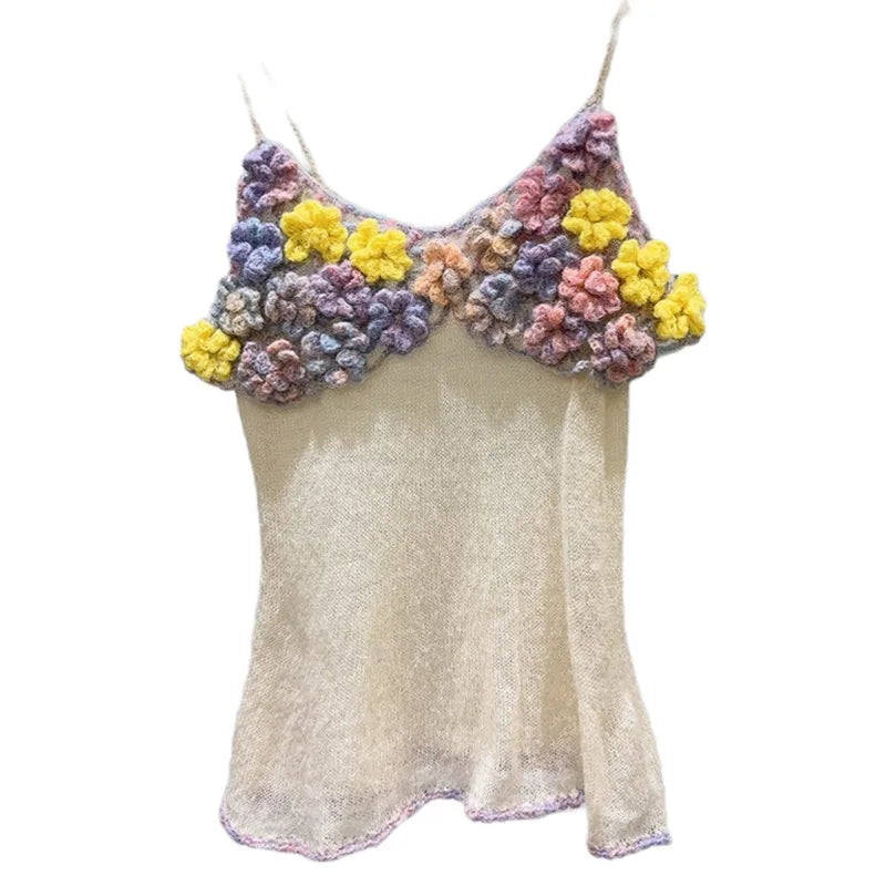 Colorful Embroidered Flower Slim Camisole Shirt