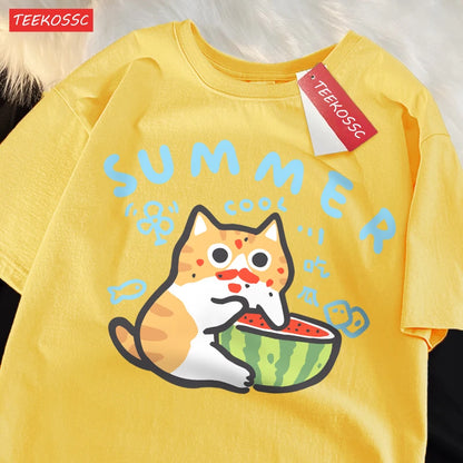 Eating Melons Cats Funny Oversized Tee