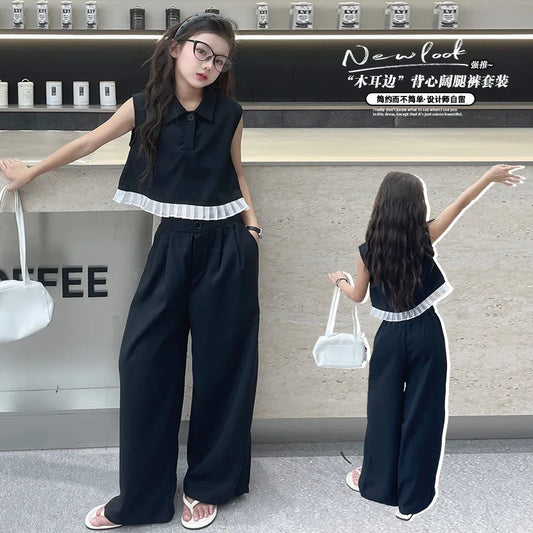 Ruffled Patchwork Sleeveless Top Pants 2pcs