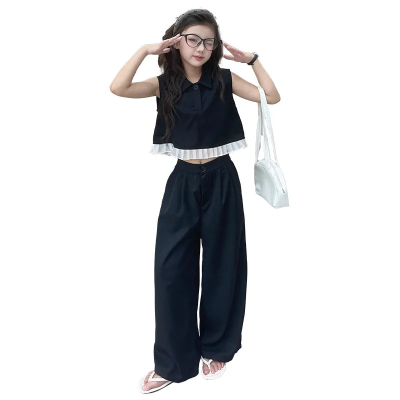 Ruffled Patchwork Sleeveless Top Pants 2pcs