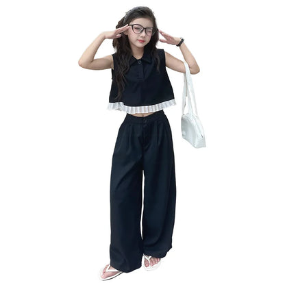 Ruffled Patchwork Sleeveless Top Pants 2pcs