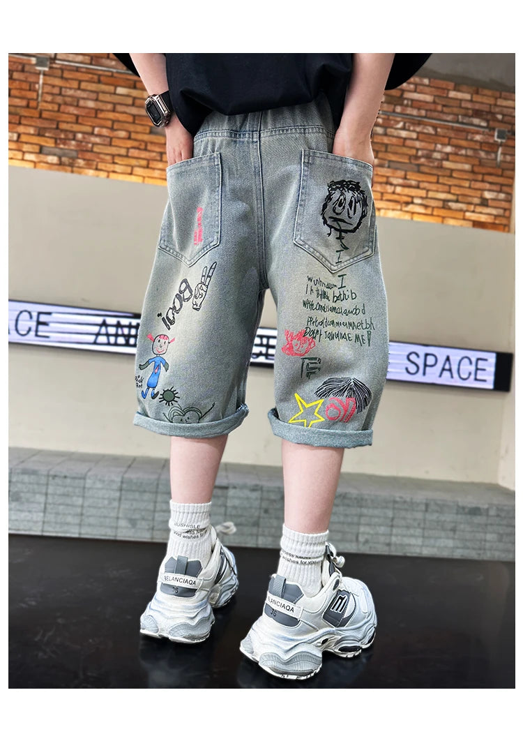 Boys Graffiti Drawing Denim Shorts Casual Ripped