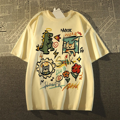 100% Cotton Cartoon Graffiti Print T-Shirt Casual