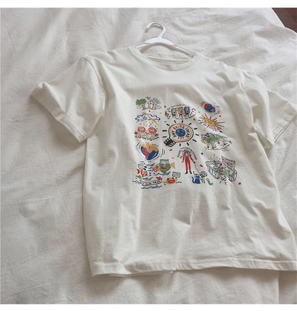 Loose Summer Cartoon Graphic Cotton Shirt