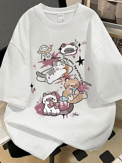 Y2K Style Anime Cat Print Tee