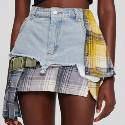 American Retro Streetwear Plaid Patchwork Skirt