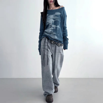 Vintage Streetwear Grunge Skew Collar Tops