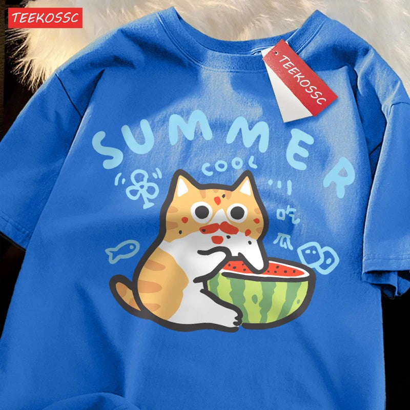 Eating Melons Cats Funny Oversized Tee