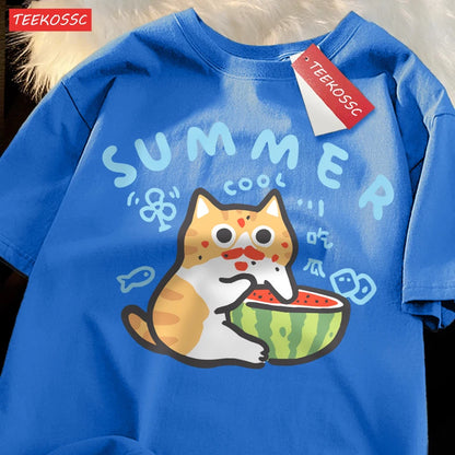 Eating Melons Cats Funny Oversized Tee