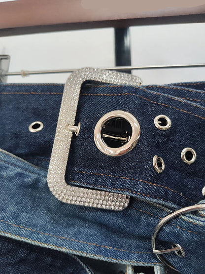 Fashion Denim Skirt Belt Waist Washed Metal Hole
