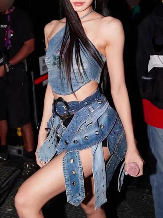 Fashion Denim Skirt Belt Waist Washed Metal Hole