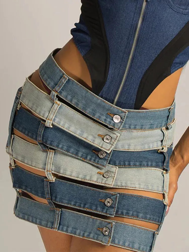 Denim Skirts High Waist Patchwork Buttons