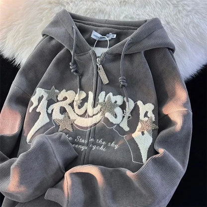 Retro Embroidered Letter Loose Hooded Sweatshirts