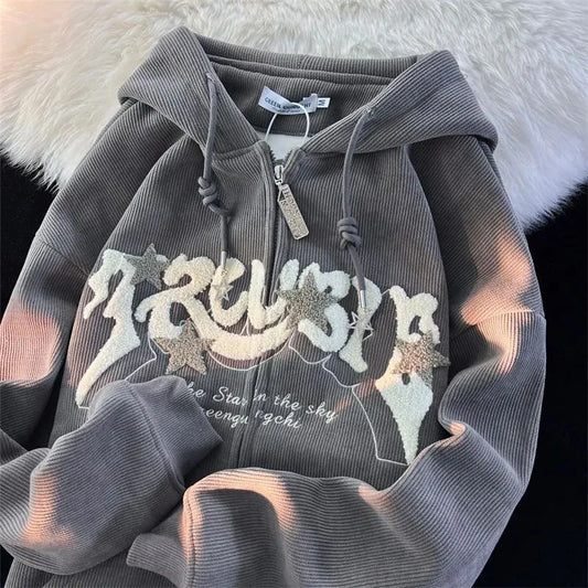 Retro Embroidered Letter Loose Hooded Sweatshirts