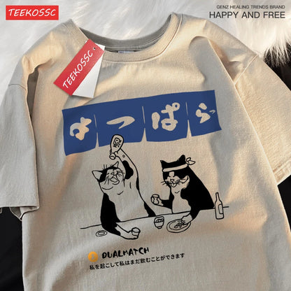 Harajuku Japanese Cat Drinking Graphic Tee