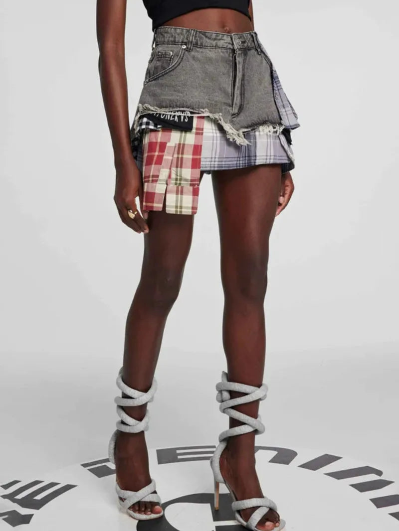American Retro Streetwear Plaid Patchwork Skirt