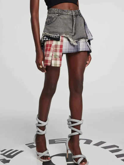 American Retro Streetwear Plaid Patchwork Skirt