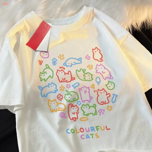 Cute Colorful Cat Couple Summer T-Shirt