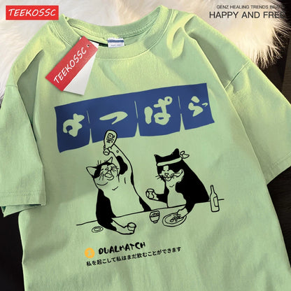 Harajuku Japanese Cat Drinking Graphic Tee