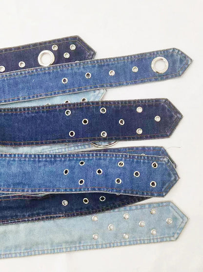 Fashion Denim Skirt Belt Waist Washed Metal Hole