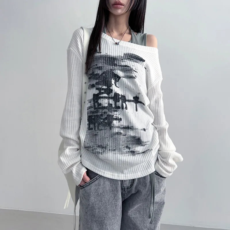 Vintage Streetwear Grunge Skew Collar Tops