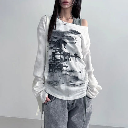 Vintage Streetwear Grunge Skew Collar Tops