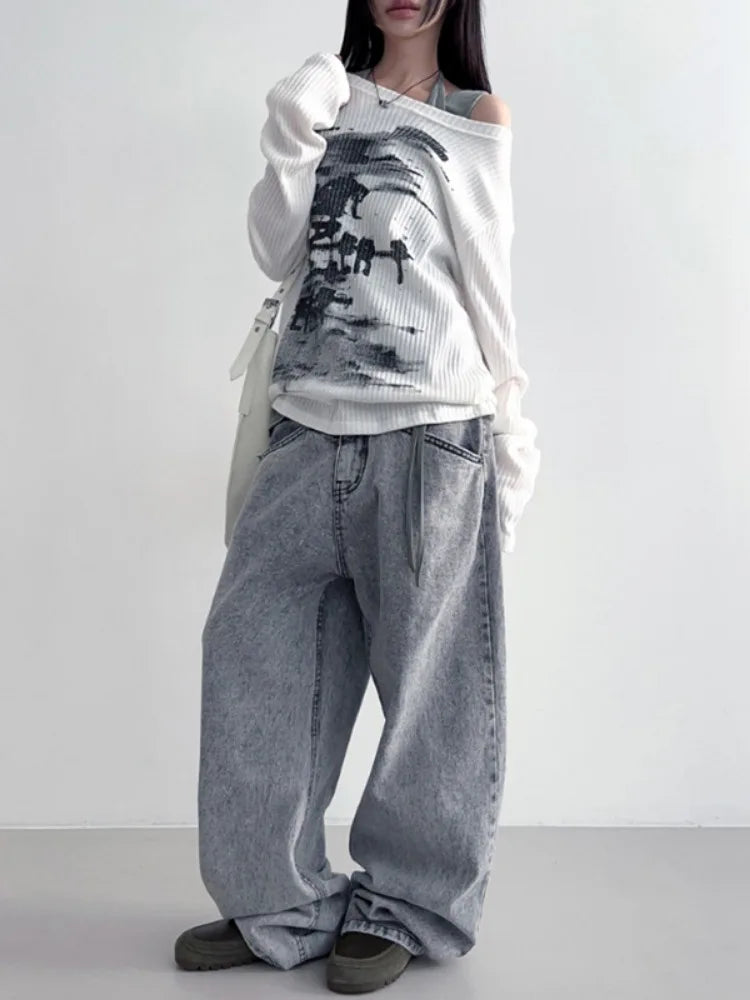 Vintage Streetwear Grunge Skew Collar Tops