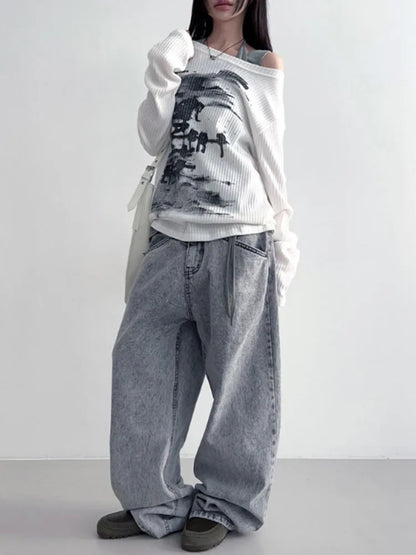Vintage Streetwear Grunge Skew Collar Tops