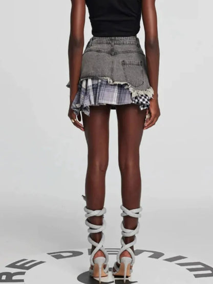 American Retro Streetwear Plaid Patchwork Skirt