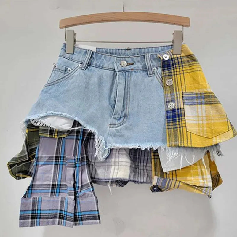 American Retro Streetwear Plaid Patchwork Skirt
