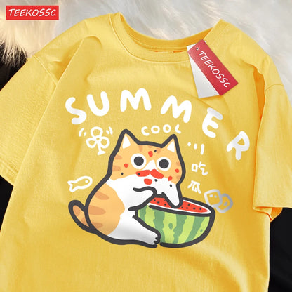 Eating Melons Cats Funny Oversized Tee