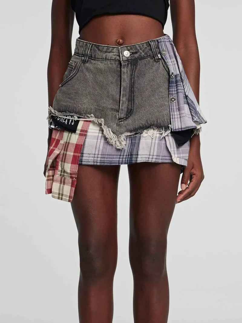 American Retro Streetwear Plaid Patchwork Skirt