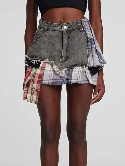 American Retro Streetwear Plaid Patchwork Skirt