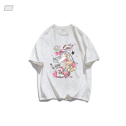 Y2K Style Anime Cat Print Tee